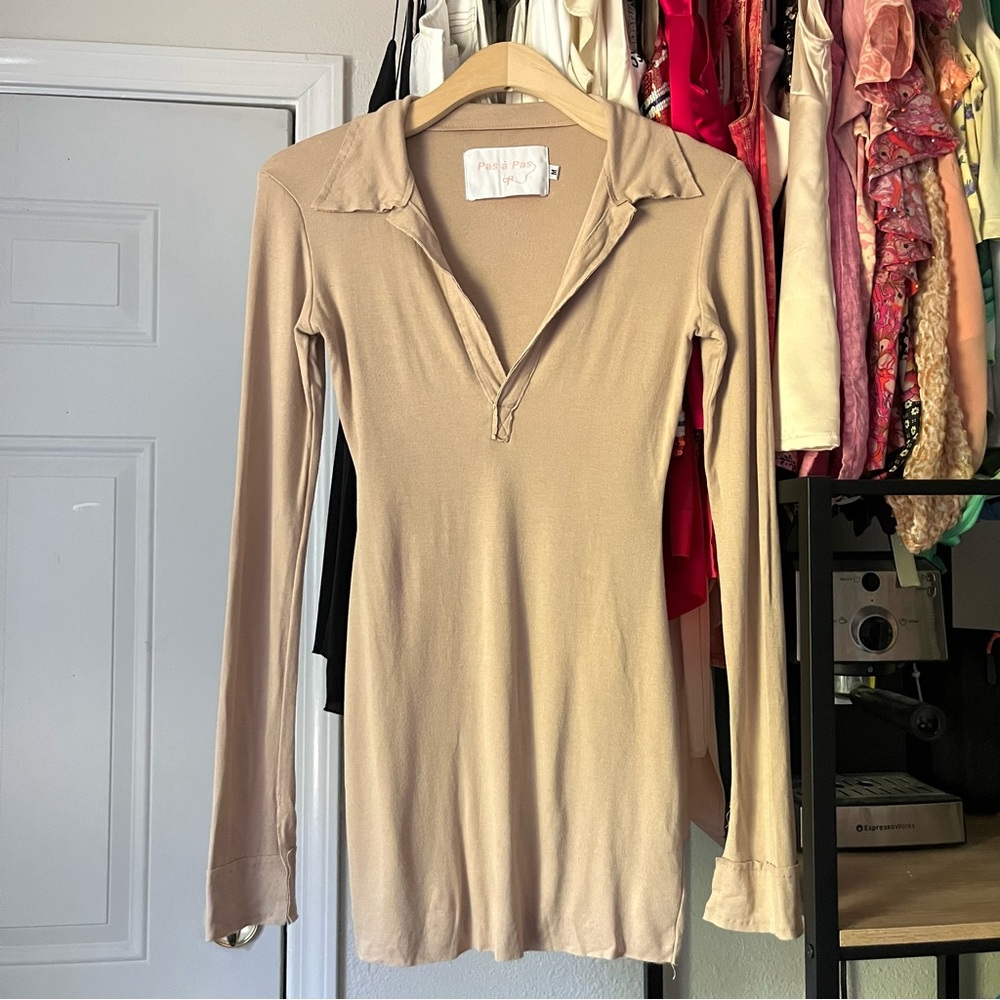 PAS A PAS tan knit soft long sleeve bodycon polo popover mini dress